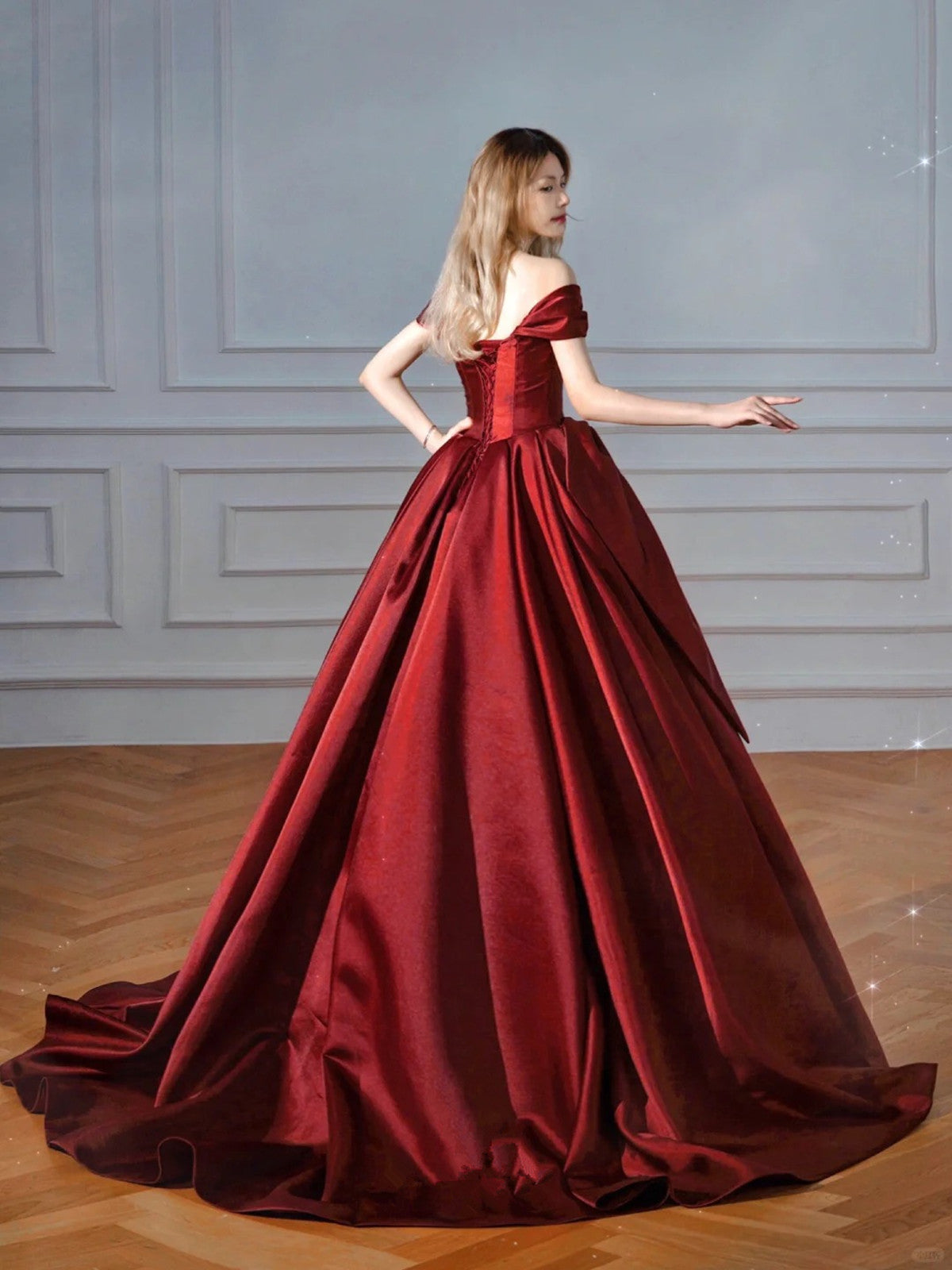 Wine Red Chic Off Shoulder Lace-up Prom Dress, Wine Red Satin Party Dress Wine Red Chic Off Shoulder Lace-up Prom Dress, Wine Red Satin Party Dress