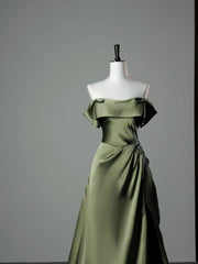Green Satin A-line Off Shoulder Floor Length Party Dress, Green Satin Prom Dress
