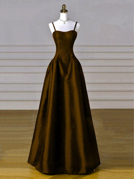 Brown Satin A-line Sweetheart Long Formal Dress, Simple Brown Evening Dress