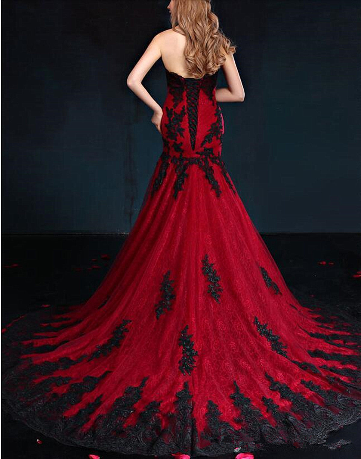 Wine Red Mermaid Sweetheart with Black Lace Party Dress, Wine Red Long –  Cutedressy