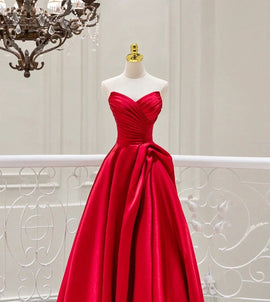 Red Satin Strapless V-neckline Long Evening Dress, Red Satin Prom Dress