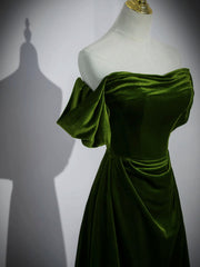 A-line Green Velvet Off Shoulder Long Party Dress, Green Velvet Prom Dress Formal Dress