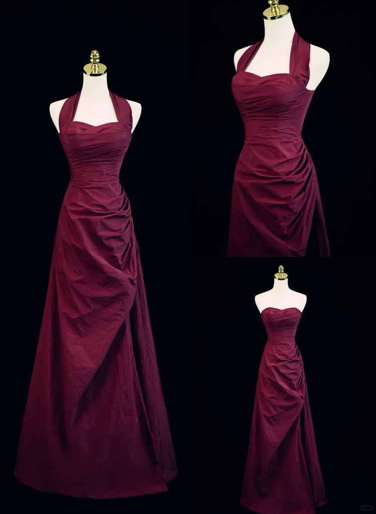 Charming A Line Burgundy Halter Satin Beaded Long Prom Dress, Evening Dress C6250 main image 1