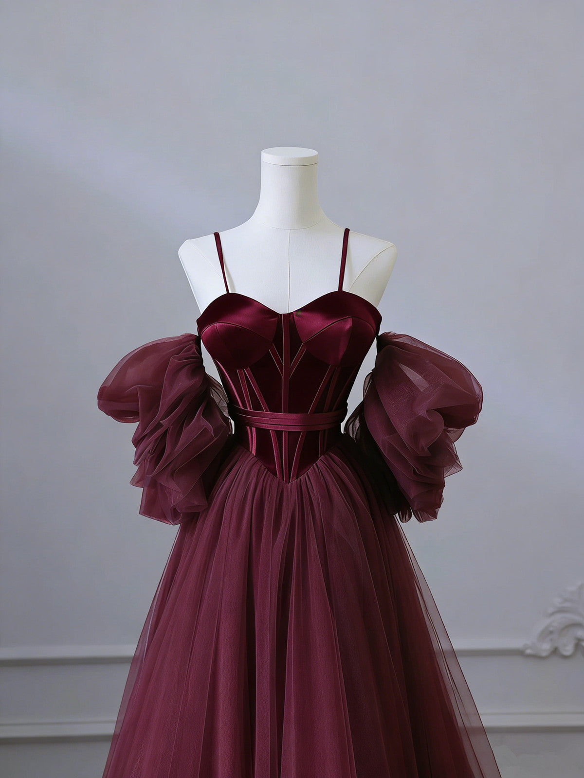 Wine Red Satin and Tulle Vintage Style Prom Dress, Sweetheart Long Party Dress