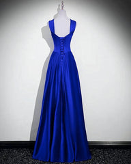Royal Blue Satin A-line Simple Long Party Dress, Royal Blue Satin Floor Length Prom Dress