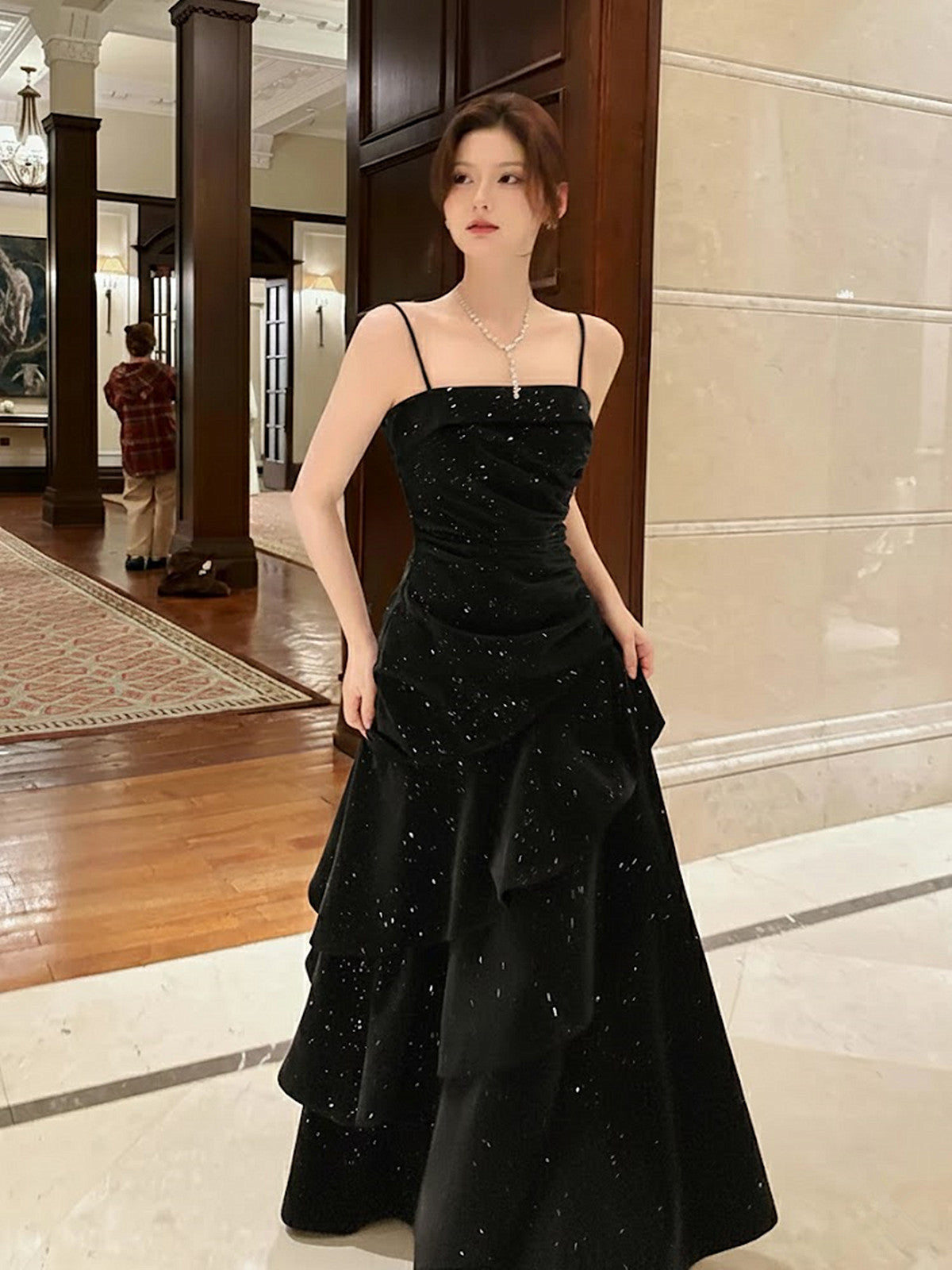 Elegant Spaghetti Strap Tiered Sequin Prom Gown, Fairy Tiered Ruffle Long Party Dress