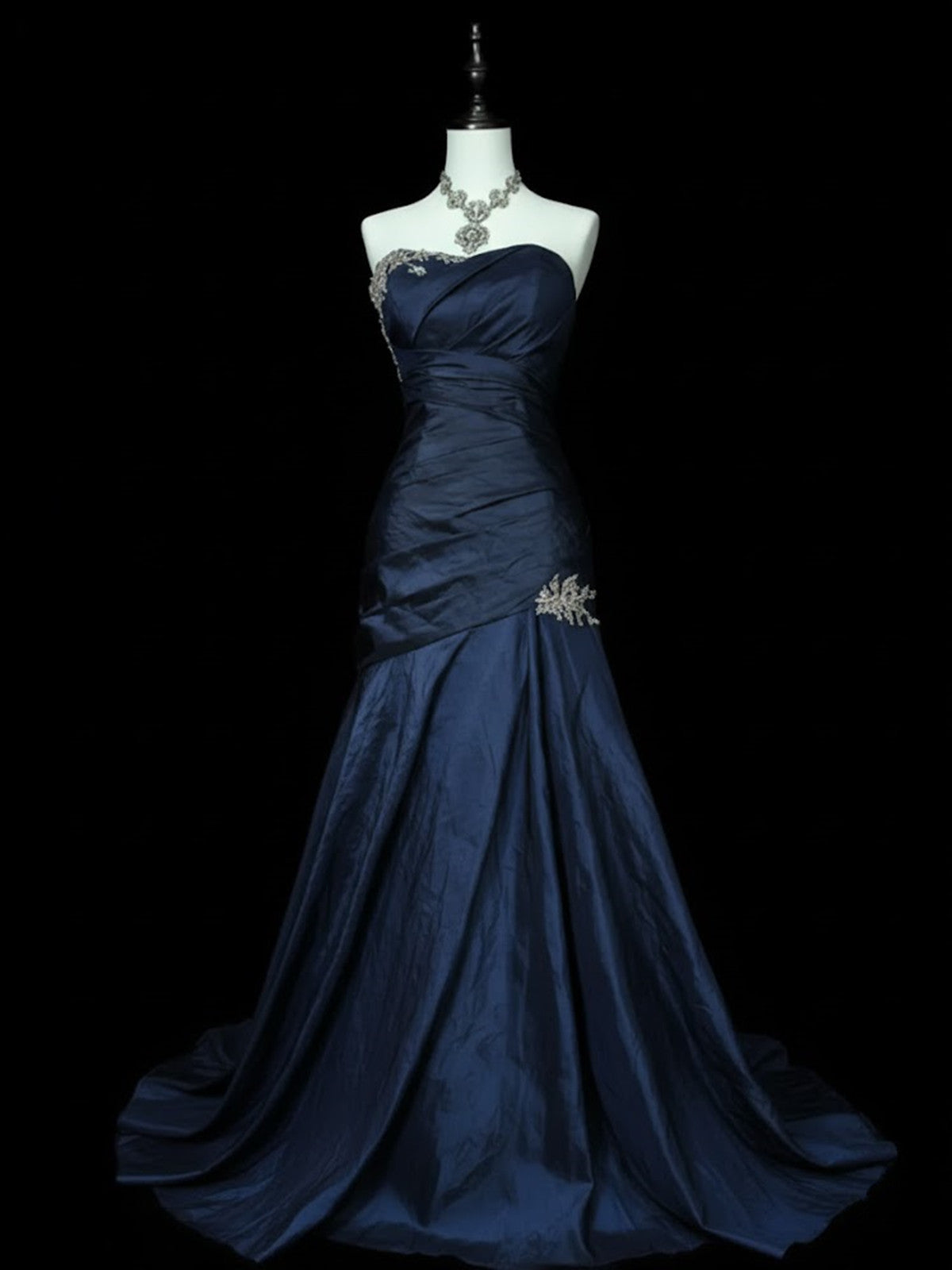 Navy Blue Strapless Ruched Prom Dress with Applique, Navy Blue Taffeta Mermaid Formal Dress