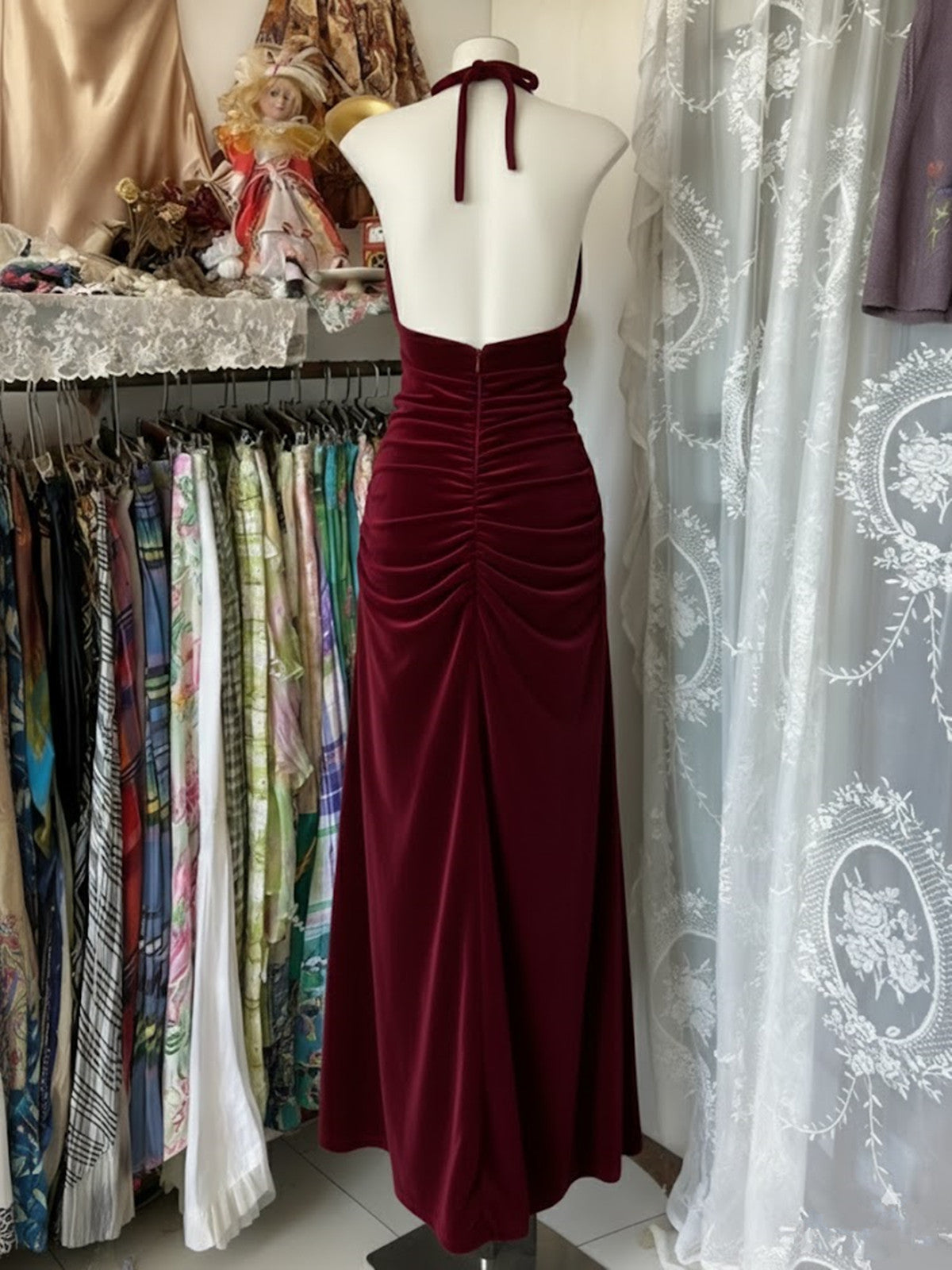 Elegant Backless Ruched Maxi Dress Wine Red Prom Dress, Long Velvet Party Dress