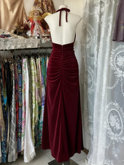 Elegant Backless Ruched Maxi Dress Wine Red Prom Dress, Long Velvet Party Dress