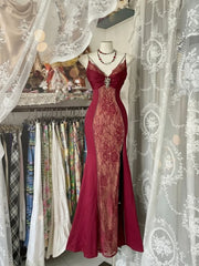 Wine Red Vintage Style Lace Long Prom Dress, Elegant Evening Gown with Beadings