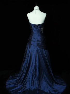 Navy Blue Strapless Ruched Prom Dress with Applique, Navy Blue Taffeta Mermaid Formal Dress