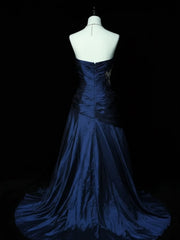 Navy Blue Strapless Ruched Prom Dress with Applique, Navy Blue Taffeta Mermaid Formal Dress