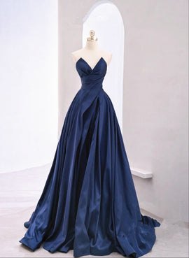 A-line Navy Blue Satin Long Party Dress Prom Dress, Navy Blue Evening Gowns