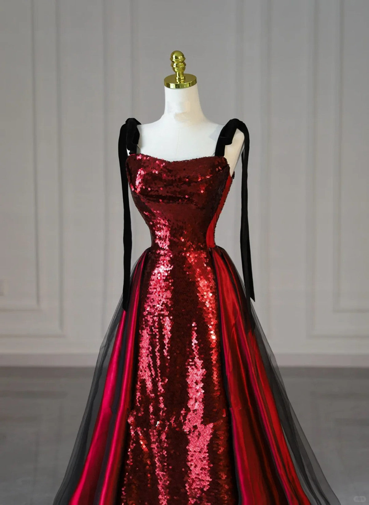 Wine Red Sequins with Black Tulle Straps Long Party Dress, Wine Red Sequins Prom Dress