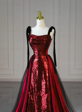 Wine Red Sequins with Black Tulle Straps Long Party Dress, Wine Red Sequins Prom Dress