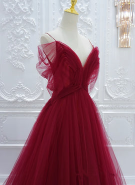 Wine Red Tulle V-neckline Off Shoulder with Bow, Wine Red Tulle Long Prom Dress