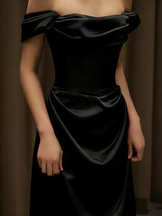 Black Satin Off Shoulder A-line Prom Dress, Black Long Evening Dress Party Dress