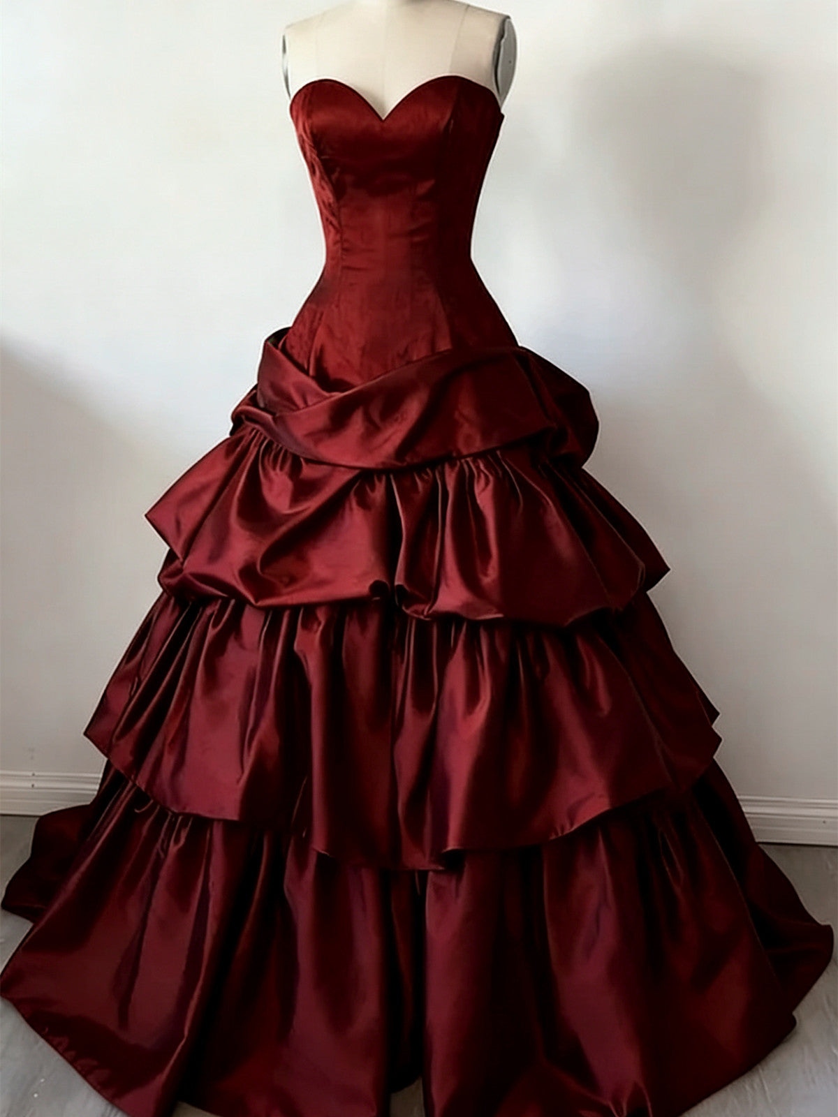 Chic Elegant Wine Red Tiered Satin Prom Dress, Ruffle Ball Gown Long Sweet 16 Dress