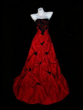 Red Taffeta with Black Lace Strapless Prom Dress, Red Long Party Dress Evening Dress