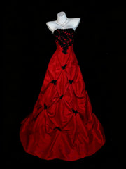 Red Taffeta with Black Lace Strapless Prom Dress, Red Long Party Dress Evening Dress