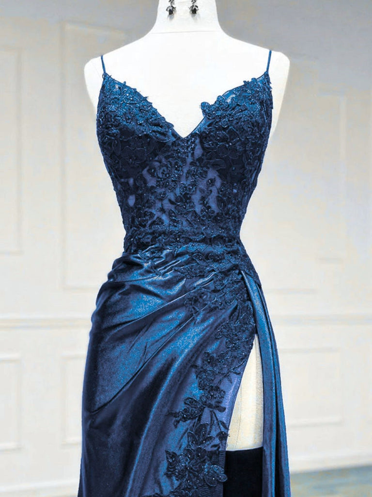 Simple Straps Satin Prom Dress Sleeveless Navy Blue V Neck Evening Dress Y8134 main image 1