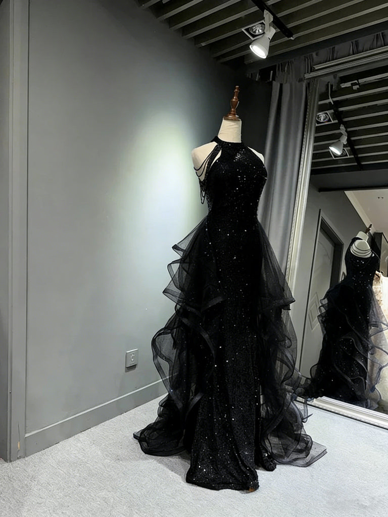 A-line Black Sequins and Tulle Halte Prom Dress, Black Long Evening Dr