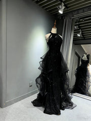 A-line Black Sequins and Tulle Halte Prom Dress, Black Long Evening Dress Formal Dress