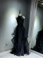 A-line Black Sequins and Tulle Halte Prom Dress, Black Long Evening Dress Formal Dress