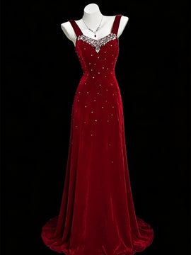 Wine Red Beaded A-line Velvet Straps Prom Dress, Wine Red Velvet Party Dress 