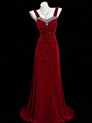 Wine Red Beaded A-line Velvet Straps Prom Dress, Wine Red Velvet Party Dress 