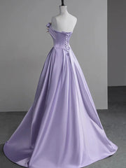 Purple A-line Satin Simple Party Dress Prom Dress, Purple Flowers Evening Dress