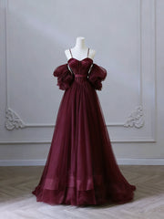 Wine Red Satin and Tulle Vintage Style Prom Dress, Sweetheart Long Party Dress