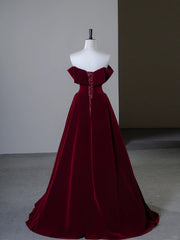 Wine Red Velvet Off Shoulder A-line Prom Dress, Wine Red Velvet Simple Party Dress