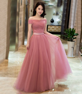 Dark Pink Tulle Off Shoulder Bridesmaid Dress, Long Party Gown