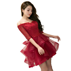 Charming Wine Red Short Sleeves Tulle Layer Party Dress, Homecoming Dress