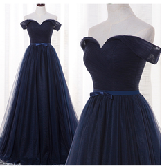 Charming Off Shoulder Navy Blue Long Bridesmaid Dress, A-line Prom Dress