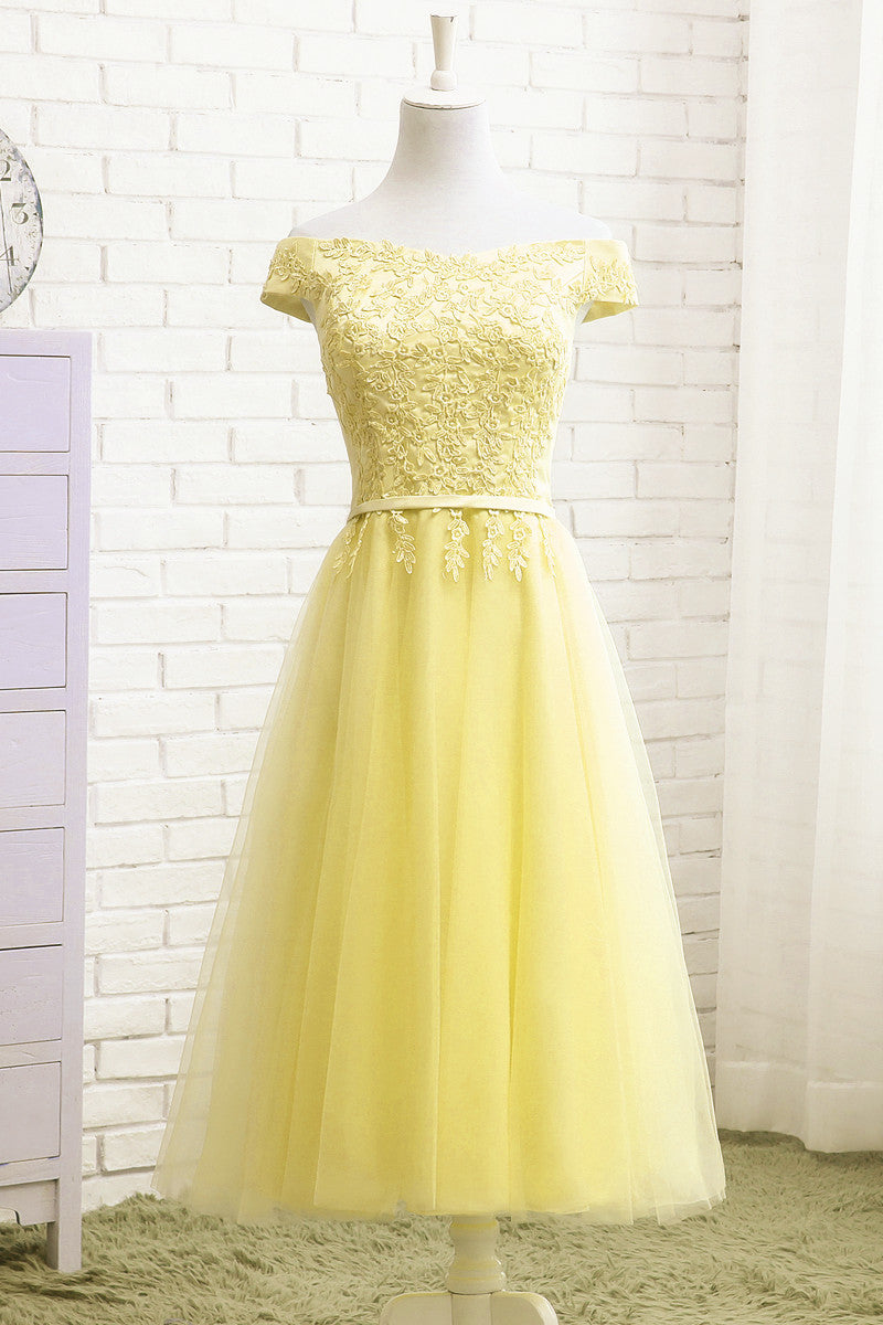 Bright Yellow Knee Length Prom Dresses Fashion Light Yellow Tulle Off Shoulder Party Dress, Short Prom Bright Yellow Knee Length Prom Dresses Fashion Light Yellow Tulle Off Shoulder Party Dress, Short Prom