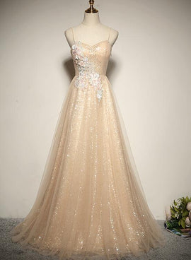 Beautiful Light Champagne Straps Long Bridesmaid Dress, A-line Formal Dress