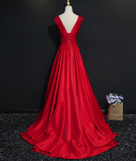 Red V-neckline Floor Length Satin Junior Prom Dresses, Red Party Dresses, Pretty Party Dresses