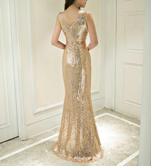 Gold Sequins V-neckline A-line Prom Dress , Sequins Junior Prom Dresses, Formal Dress