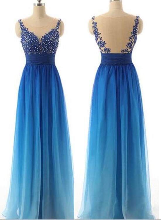 Blue Beaded Long Prom Dresses,Floor Length Homecoming Dress,A Line  Chiffon Formal Dress