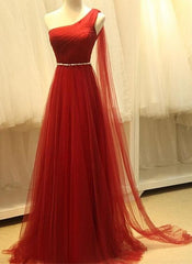 One Shoulder Classic Wine Red Formal Gowns, Prom Dresses , Tulle Evening Formal Wear