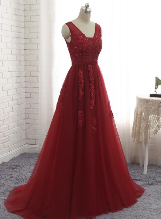Tulle Prom Dress 2018, Dark Red Gowns, Tulle Formal Dresses