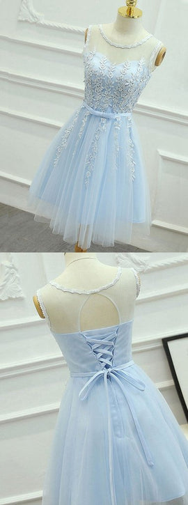 Light Blue Round Neckline Short Pretty Homecoming Dresses, Light Blue Wedding Party Dresses
