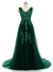 Beautiful Dark Green V-neckline Backless Party Dress, Tulle Formal Dress Bridesmaid Dress