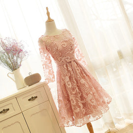 Pink Lace Short Prom Dress , Long Sleeves Homecoming Dress