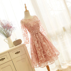 Pink Lace Short Prom Dress , Long Sleeves Homecoming Dress