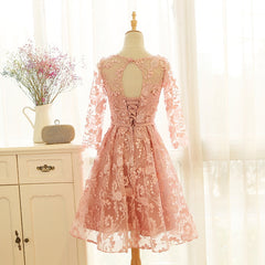 Pink Lace Short Prom Dress , Long Sleeves Homecoming Dress