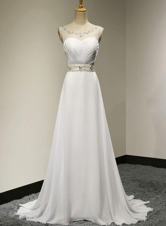 White Chiffon Simple Beaded Round Neckline Long Prom Dress, White Formal Dress