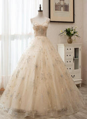 Light Champagne Tulle Ball Gown Straps Sweet 16 Gown, Ball Gown Long Formal Dress
